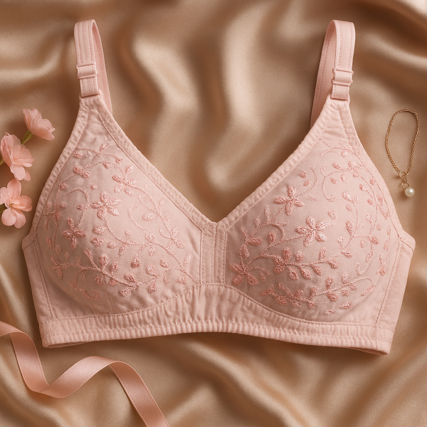 Cotton Embroidered Chikan Bra for Women – Soft Breathable Fabric, Floral Design & Daily Comfort