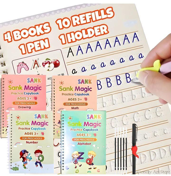 4 Pcs Magic Practice Copybook Set for Kids – Letters, Numbers, Math & Drawing with Pen