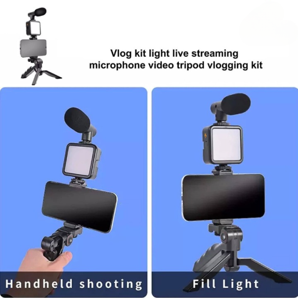 AY-49 Vlogger Video Kit – Microphone, LED Fill Light, Mini Tripod & Mobile Holder for Vlogging