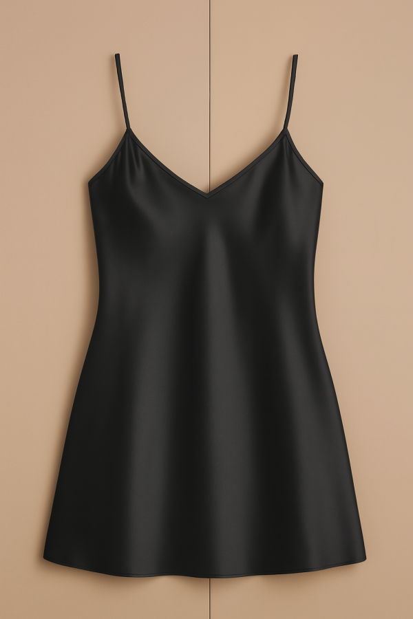 Black Satin Slip Dress – Sleeveless Camisole with Adjustable Straps, Free Size Nightwear & Layering
