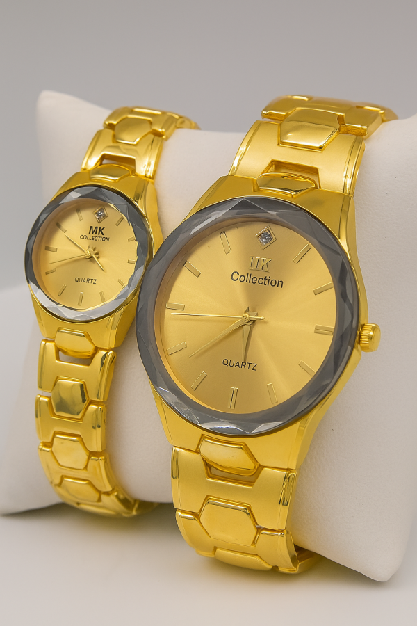 Gold Couple Watch Set – Luxury Quartz Watches for Him & Her with Polished Bracelet Design