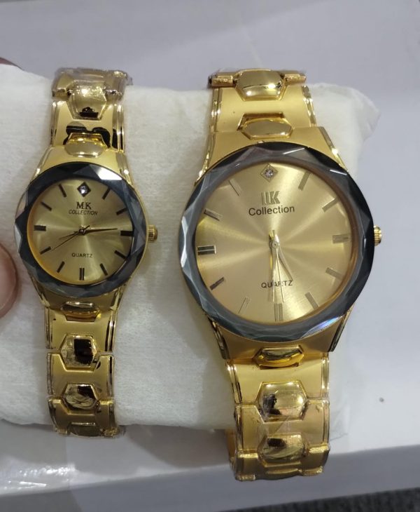 Gold Couple Watch Set – Luxury Quartz Watches for Him & Her with Polished Bracelet Design