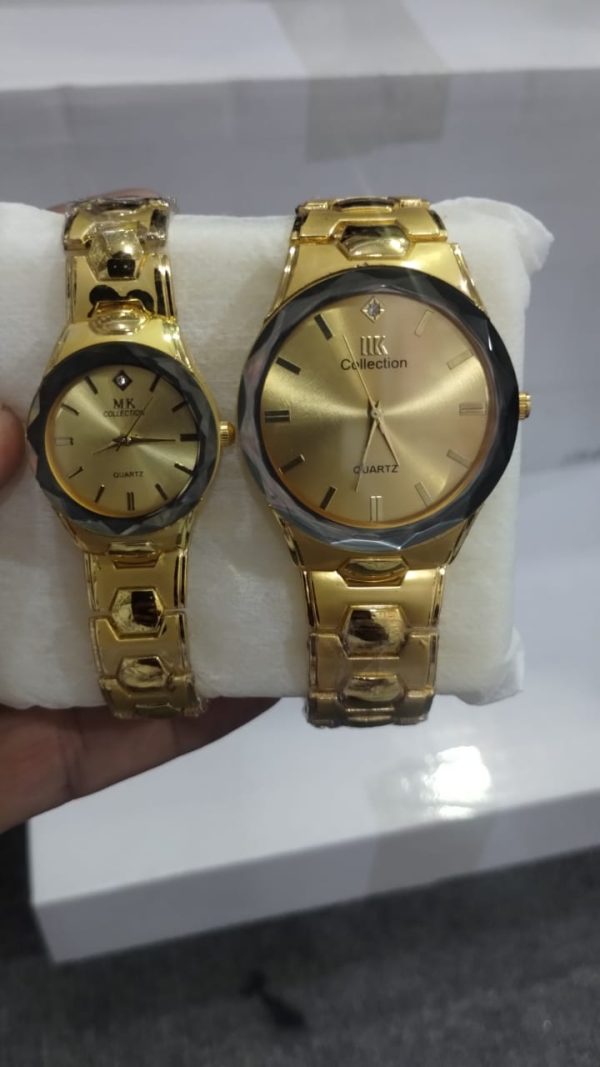 Gold Couple Watch Set – Luxury Quartz Watches for Him & Her with Polished Bracelet Design
