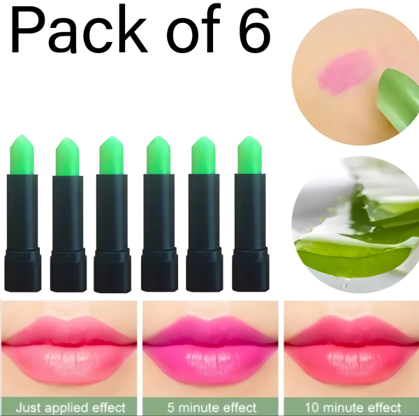 Pack of 6 Color Changing Green Lipsticks – Magic Moisturizing Lip Balm Set with Long-Lasting Pink Tint