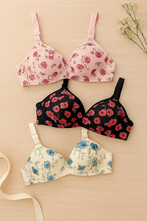Printed Soft Cotton Padded Bra for Women – Comfortable Everyday Undergarment with Stylish Print, Breathable Fabric & Gentle Support (Random Color)
