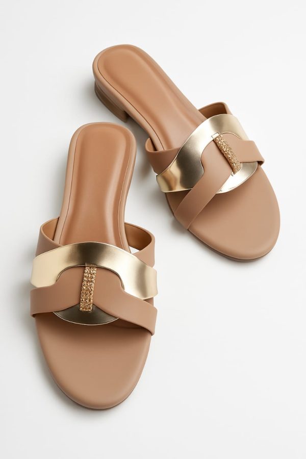 Women’s Tan & Gold Embellished Flat Sandals – Luxury Slip-On Slides with Chic Gold Accents, Comfortable Everyday Slippers (Comes with Box)