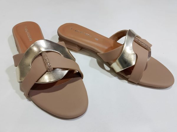 Women’s Tan & Gold Embellished Flat Sandals – Luxury Slip-On Slides with Chic Gold Accents, Comfortable Everyday Slippers (Comes with Box)