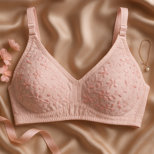 Cotton Embroidered Chikan Bra for Women – Soft Breathable Fabric, Floral Design & Daily Comfort