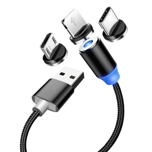 3-in-1 Magnetic Fast Charging Cable – Micro USB, Type-C & iPhone | 360° Rotating LED Nylon Cable (Random Color)