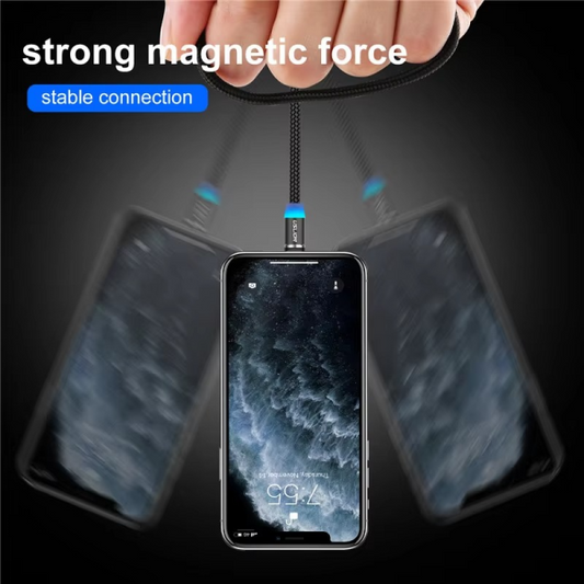 3-in-1 Magnetic Fast Charging Cable – Micro USB, Type-C & iPhone | 360° Rotating LED Nylon Cable (Random Color)
