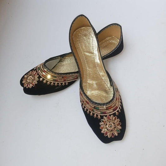 Women’s Rexine Zari Tilla Fancy Khussa – Traditional Handmade Ethnic Flats, Stylish Party Wear Shoes