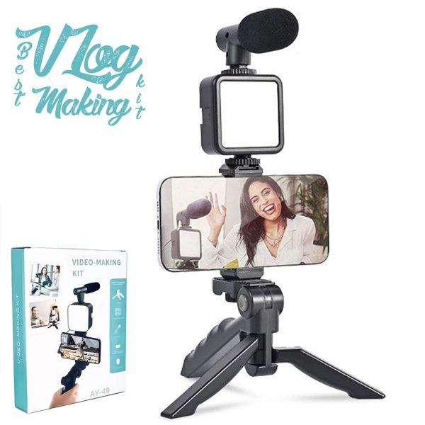 AY-49 Vlogger Video Kit – Microphone, LED Fill Light, Mini Tripod & Mobile Holder for Vlogging