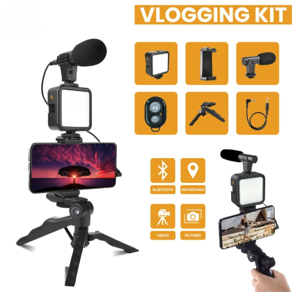 AY-49 Vlogger Video Kit – Microphone, LED Fill Light, Mini Tripod & Mobile Holder for Vlogging