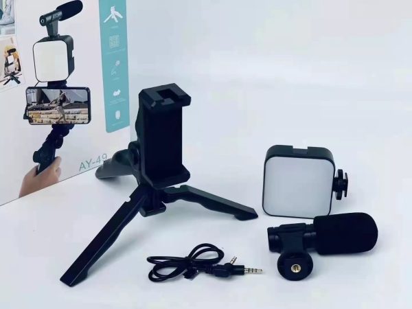 AY-49 Vlogger Video Kit – Microphone, LED Fill Light, Mini Tripod & Mobile Holder for Vlogging