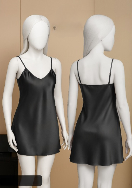 Black Satin Slip Dress – Sleeveless Camisole with Adjustable Straps, Free Size Nightwear & Layering