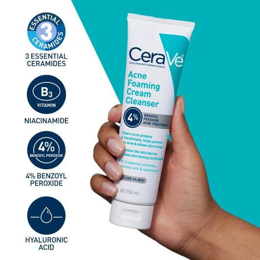 CeraVe Acne Foaming Cream Cleanser 120ml – 4% Benzoyl Peroxide Acne Treatment Face Wash