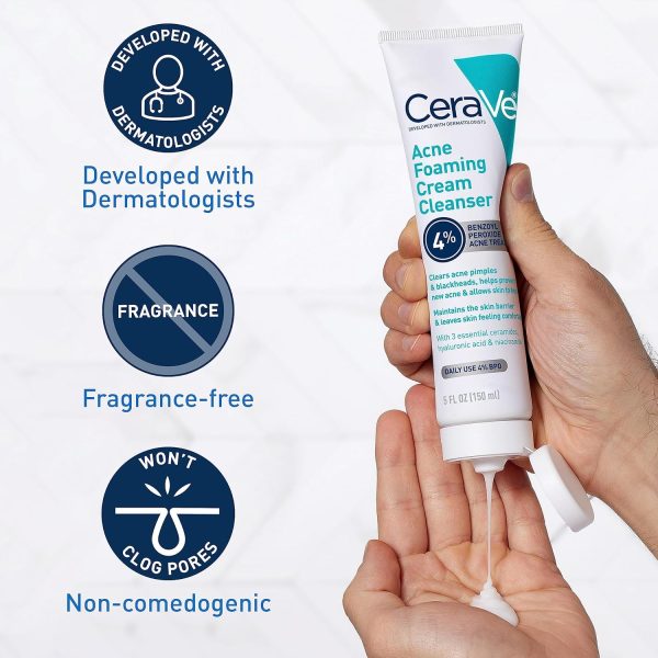 CeraVe Acne Foaming Cream Cleanser 120ml – 4% Benzoyl Peroxide Acne Treatment Face Wash