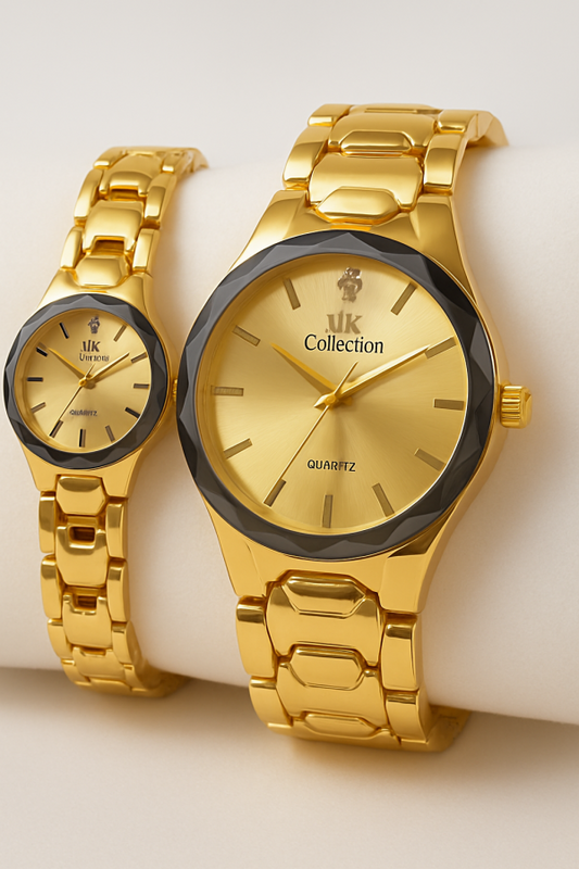 Gold Couple Watch Set – Luxury Quartz Watches for Him & Her with Polished Bracelet Design