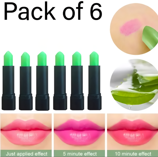 Pack of 6 Color Changing Green Lipsticks – Magic Moisturizing Lip Balm Set with Long-Lasting Pink Tint