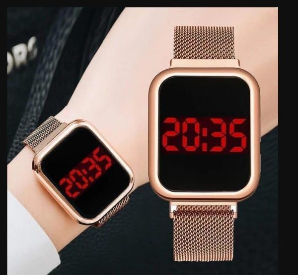 Touch LED Magnet Watch – Fashion Sports Digital Wristwatch for Men & Women, Square Golden (No Box)