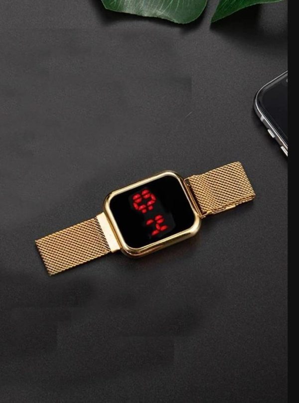 Touch LED Magnet Watch – Fashion Sports Digital Wristwatch for Men & Women, Square Golden (No Box)