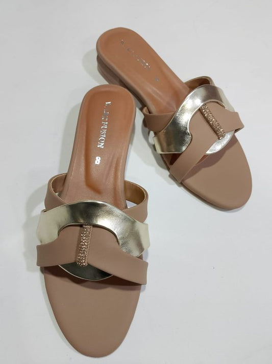 Women’s Tan & Gold Embellished Flat Sandals – Luxury Slip-On Slides with Chic Gold Accents, Comfortable Everyday Slippers (Comes with Box)