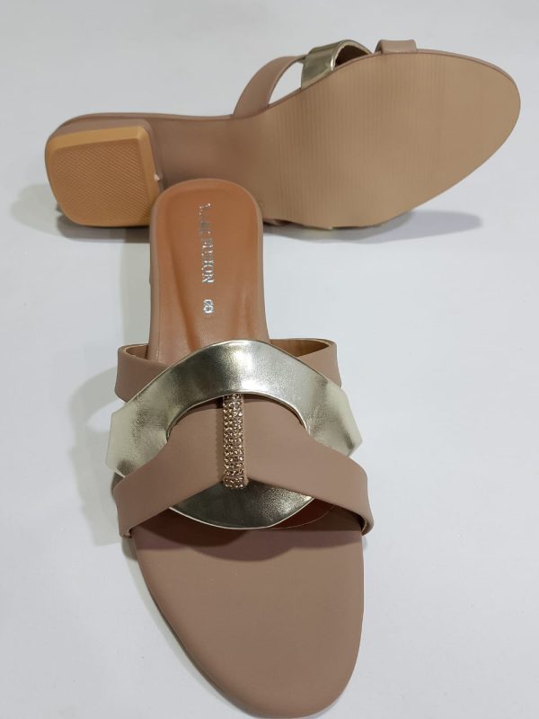 Women’s Tan & Gold Embellished Flat Sandals – Luxury Slip-On Slides with Chic Gold Accents, Comfortable Everyday Slippers (Comes with Box)
